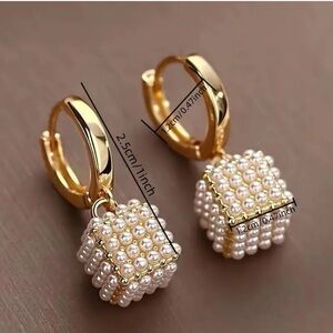 Gold Pearl Cube Drop Earrings - White Pearls